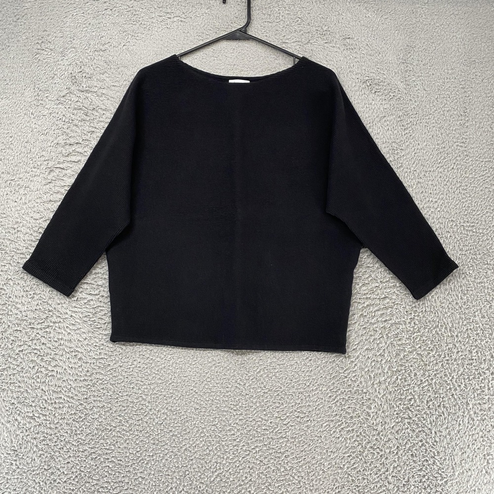 R LABEL Sweater Womens S/M Black Cotton Linen Boat Neck 3/4 Dolman Sleeve Knit